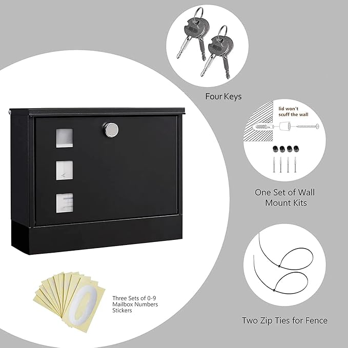 LAND·VOI Locking Mailbox Wall Mounted, Metal Postbox with Three Sets of Mail Box Number Stickers, 4 Keys, 14.4" x 4.5" x 11.2", Large Capacity, Black, AMB11B-DeskLoop Office