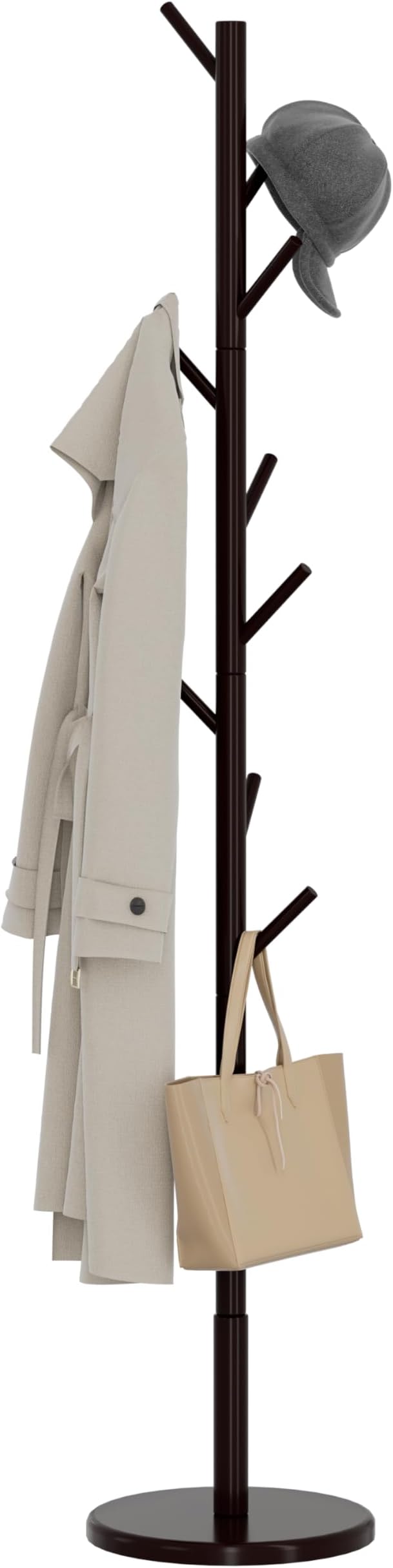 Wooden Freestanding Coat Tree with 4 Height Options and 9 Hooks, Sturdy Coat Rack Stand for Clothes/Bags/Hats, Save Space Coat Rack for Entryway, Bedroom, Office, Narrow Place (Coffee)-DeskLoop Office