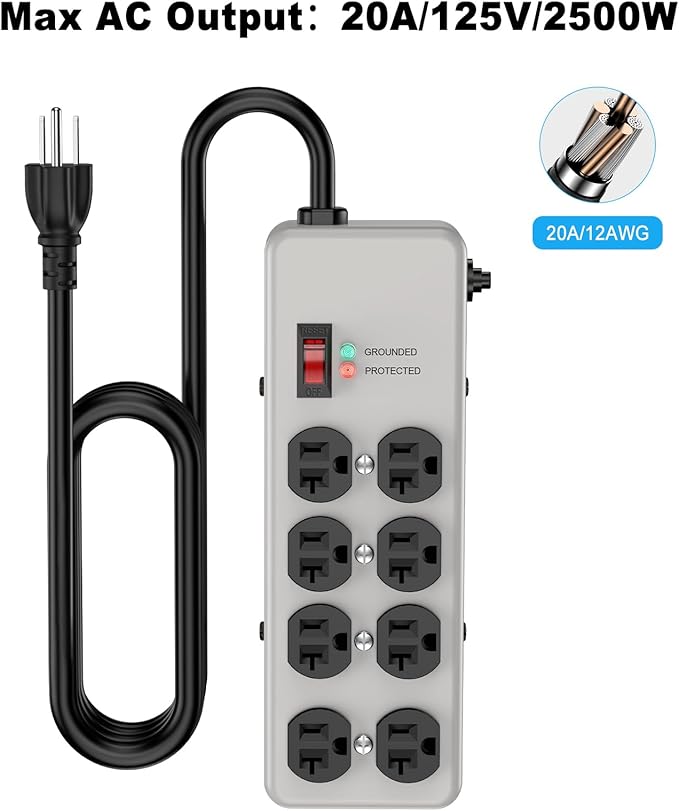 HEZI 20A Power Strip Surge Protector Durable Metal 8-Outlet with Heavy Duty 20 Amp Extension Cord,12 Gauge for Garage,Workshop & Industrial Use with 6-20R T-Slot Outlets,4800J(Grey,10FT)-DeskLoop Office
