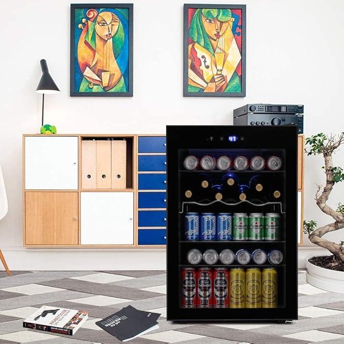 Kismile 4.5 Cu.ft Beverage Refrigerator and Cooler, 145 Can Mini Fridge Glass Door,Digital Temperature Display for Soda, Beer or Wine, Small Drink Dispenser Cooler for Home, Office or Bar(Black)-DeskLoop Office
