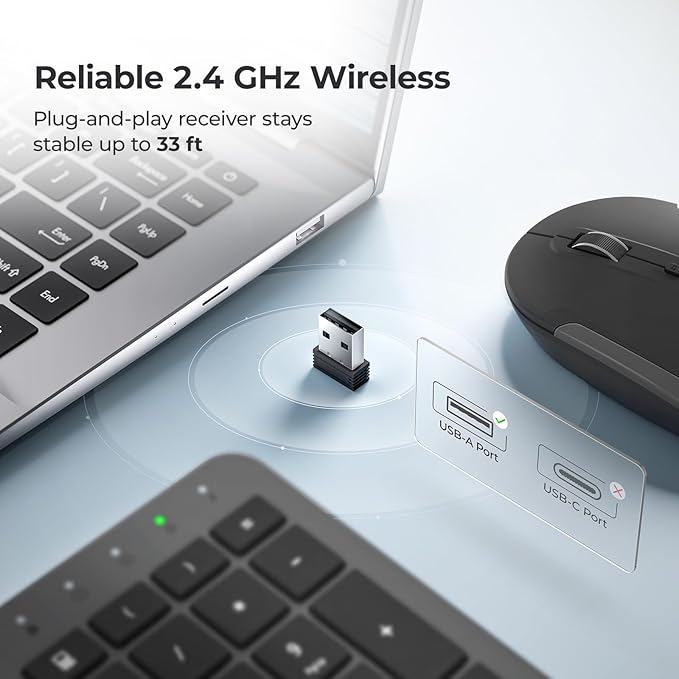 iClever Wireless Keyboard and Mouse, GK08 Rechargeable Keyboard Mouse Combo, Ergonomic, Quiet, Full Size Design with Number Pad, 2.4G Connection for Mac, Windows and Computer-DeskLoop Office