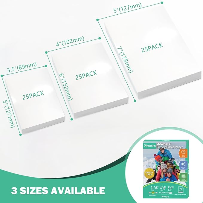 Glossy Photo Paper 3.5x5, 4x6, 5x7, Photo Printer Paper for Inkjet, 75 Variety Pack, Assorted Sizes, 52lb/200gsm-DeskLoop Office