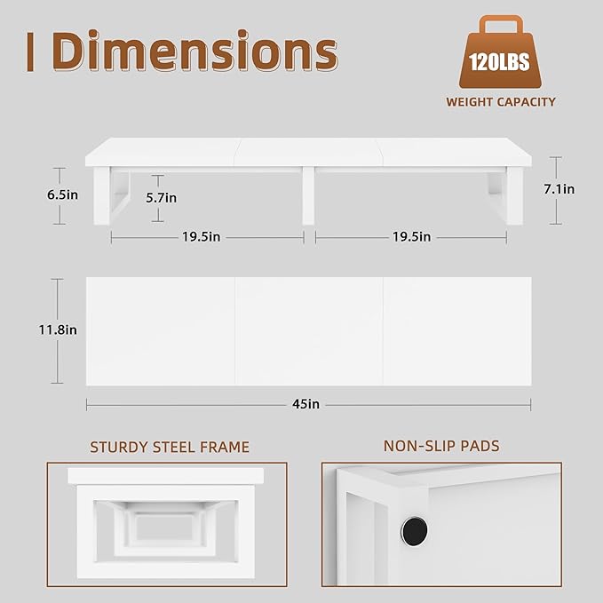 45" Large TV Riser for 32-60 inch TV, TV Riser Stand Shelf with Steel Legs, Tabletop TV Stand Riser for Home Office,White-DeskLoop Office