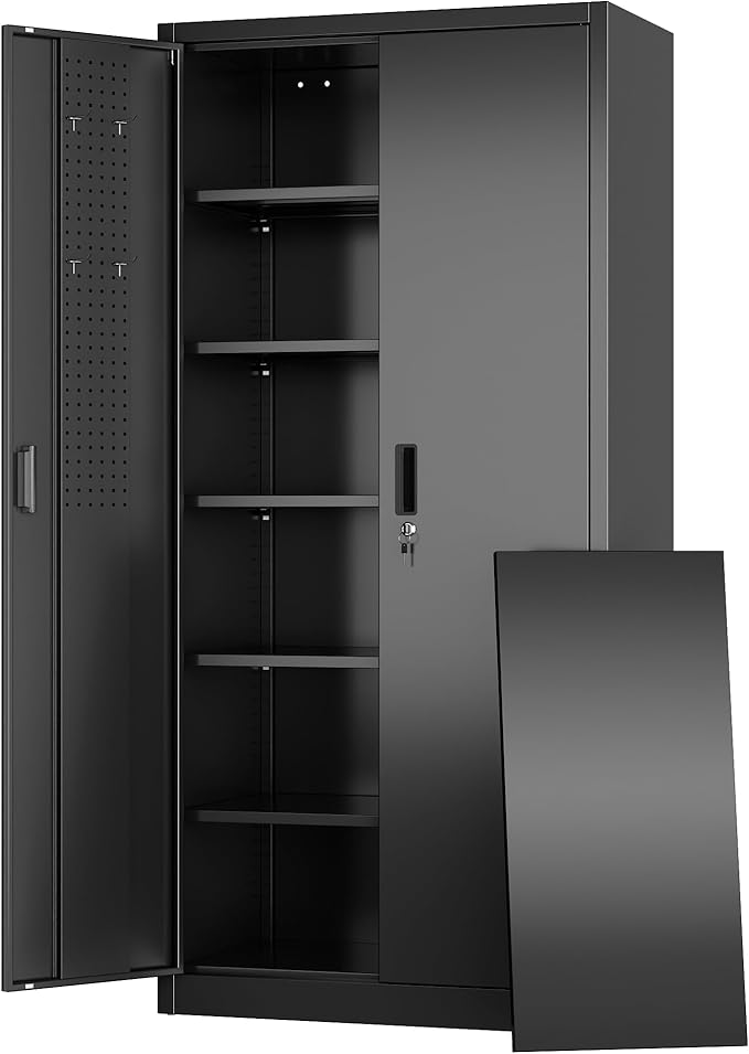 Aobabo Upgraded 71" H×34" W×18" D Metal Garage Storage Cabinet with Pegboards, Lockable Steel Cabinet with 5 Adjustable Shelves and 4 Hooks for Garage, Home, Office, Black,Assembly Required-DeskLoop Office
