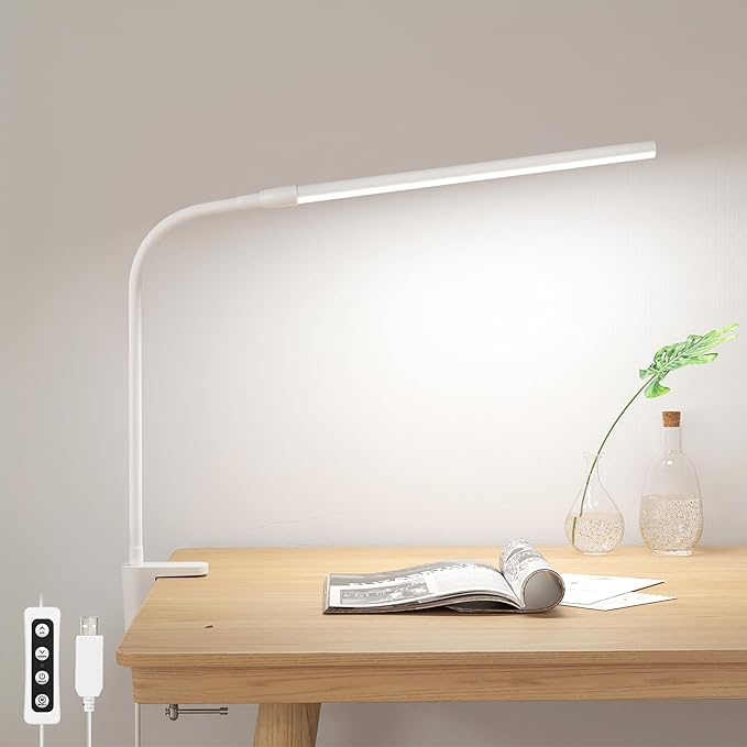 Lepro Small Desk Lamp with Clamp, LED Reading Lamps with 450LM, 3 Color Modes 10 Brightness, Dimmable USB Clip on Desk Light with Gooseneck Swing Arm for Nail, Home Office and Dorm (White)-DeskLoop Office
