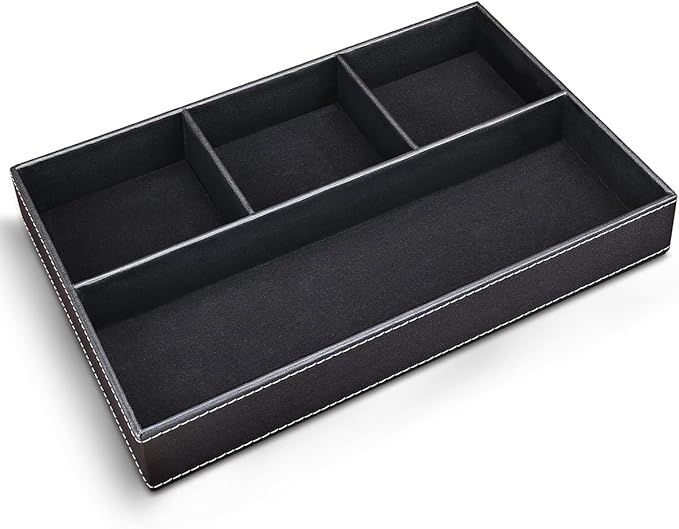KINGFOM Pu Leather Desk Organizer Tray, 4 Compartment Office Storage Supplies Stationery Drawer Tray, Nightstand Bedside Tray for Key, Wallet, Sunglass, Watch, Coin, Phone Valet Tray Stackable Black-DeskLoop Office