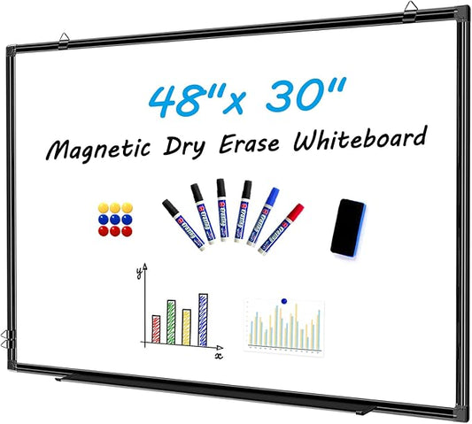 H-Qprobd 48"x30" Magnetic White Board Dry Erase Wall Mount Whiteboard - Office Home Classrooms White Board Hanging Writing Board with Black Aluminum Frame-DeskLoop Office