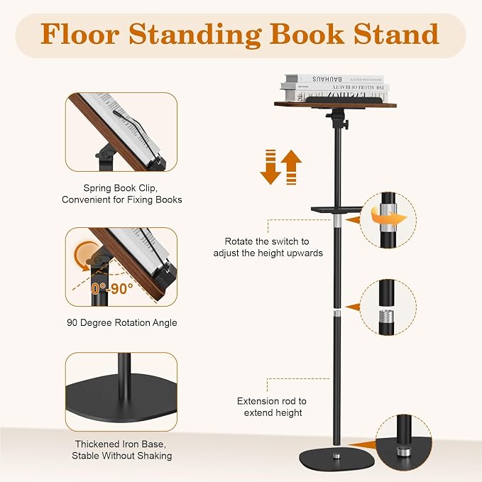 Snughome Floor Book Stand with Removable Tray, Wood Standing Book Stand - Image 6
