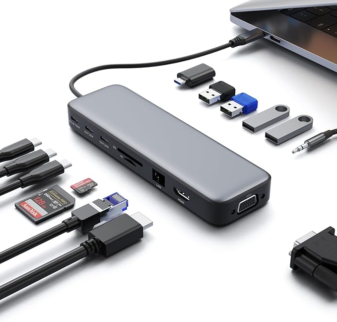 USB C Hub Laptop Docking Station Dual Monitor,14 in 1 Multiport Adapter with 4K HDMI,VGA,8 USB C/A Ports,100W PD Fast Charging,Audio&Mic,SD&TF,USBC Dongle for MacBook/Dell/HP/Lenovo ThinkPad/Surface-DeskLoop Office
