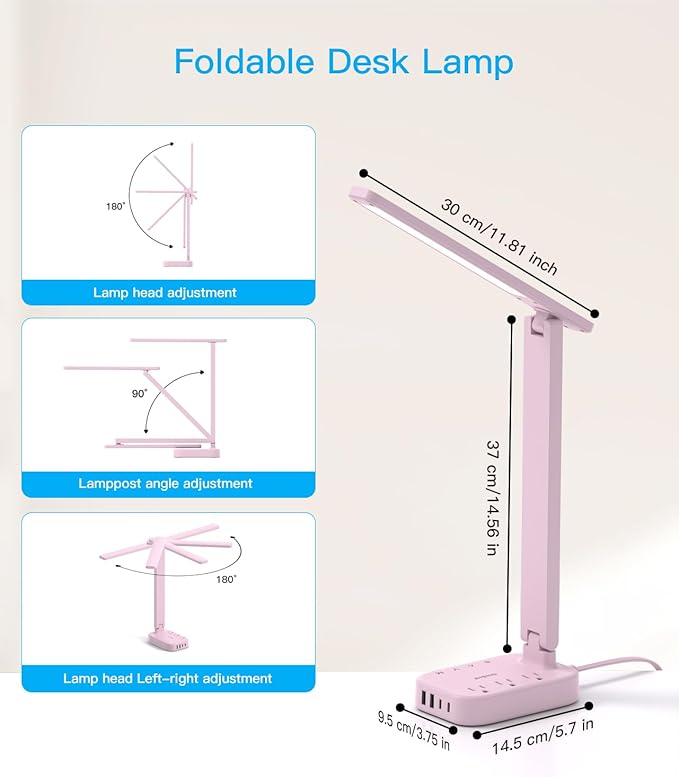 Dorm Room Essentials for Girls, Pink Power Strip with LED Desk Lamp, 3 Outlets 4 USB Ports, 4 Modes 5 Level Touch Lamp Small Desk Lamp for Home Office Bedroom Study Reading Light, 5ft Extension Cord-DeskLoop Office