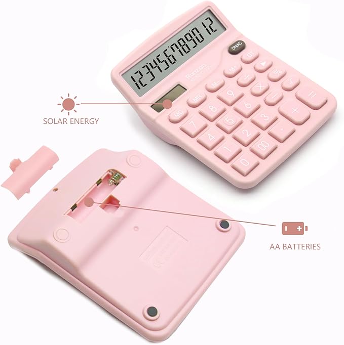 2PC Pink Calculator, Solar Battery Dual Power Calculator,Desktop Calculator 12 Digit with Large LCD Display, Pink Office Supplies with Sensitive Button, Pink Desk Accessories, School Supplies-DeskLoop Office