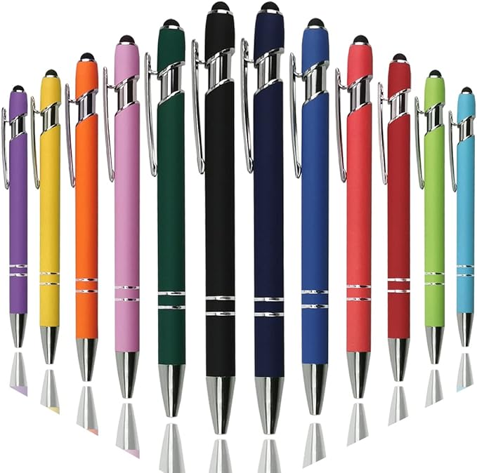 Ballpoint Pen with Stylus Tip, Soft Touch Click Metal Pen, 1.0mm Medium Point, Black Ink, 12 Count(Mixed Color)