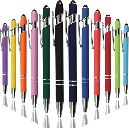 Ballpoint Pen with Stylus Tip, Soft Touch Click Metal Pen, 1.0mm Medium Point, Black Ink, 12 Count(Mixed Color)