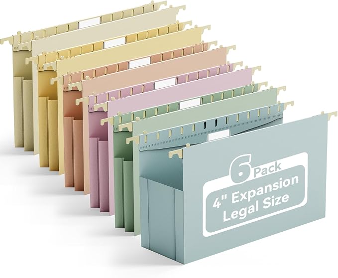 Ansook Legal Size Hanging File Folders, 6 Pack Expandable 4 Inch File Folders by Ansook