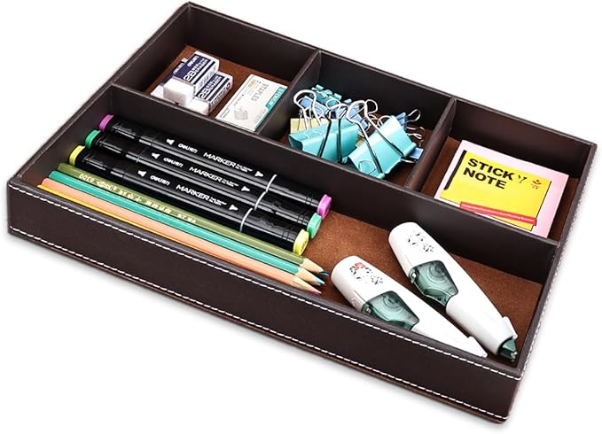 KINGFOM Pu Leather Desk Organizer Tray, 4 Compartment Office Storage Supplies Stationery Drawer Tray, Nightstand Bedside Tray for Key, Wallet, Watch, Coin, Phone Valet Tray Stackable-DeskLoop Office