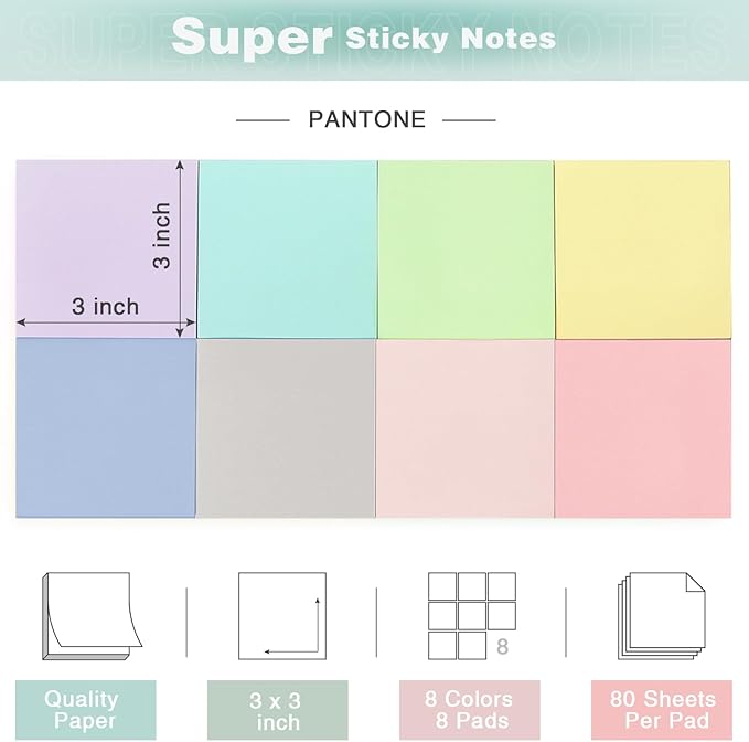Sticky Notes 3x3 Inch, 8 Pads Light Colors Self-Adhesive, 8 Assorted Pastel Colors, 80 Sheets/Pad, Reusable Notepads for Office, School, and Home-DeskLoop Office