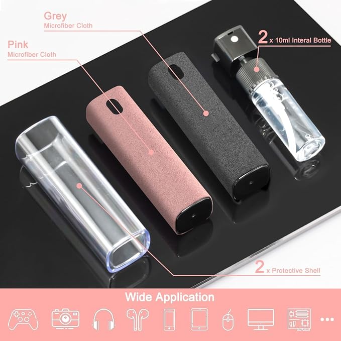2 Pack Screen Cleaner Spray and Wipe for Laptop Monitor and Car Screens, Phone Touchscreen Mist Cleaning Kit for Cellphone, Tablet, PC, Computer, LCD, Eyeglass, iPhone, iPad, Mac Pro - Grey and Pink-DeskLoop Office