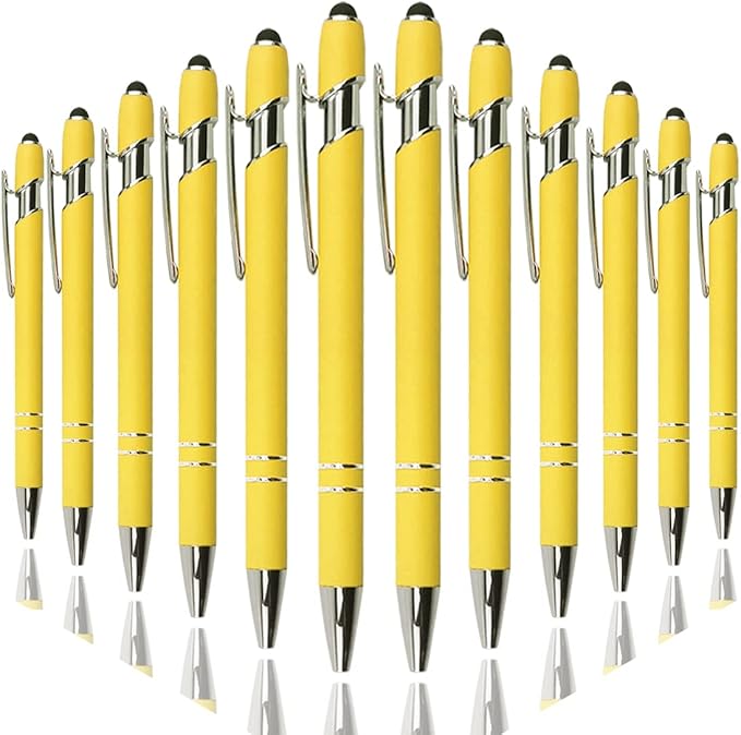 Ballpoint Pen with Stylus Tip, Soft Touch Click Metal Pen, 1.0mm Medium Point, Black Ink, 12 Count(Yellow)-DeskLoop Office