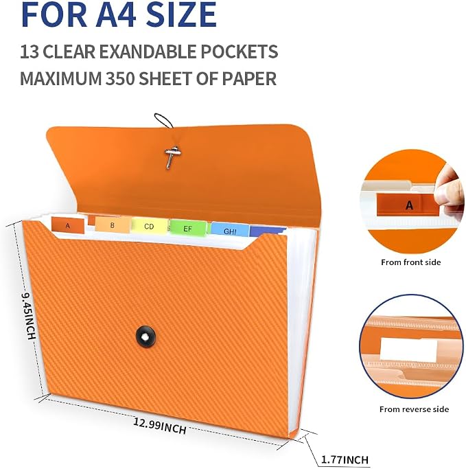 Expanding File Folder, 13 Pockets Accordian File Holder Organizer, A4 Letter - Image 3