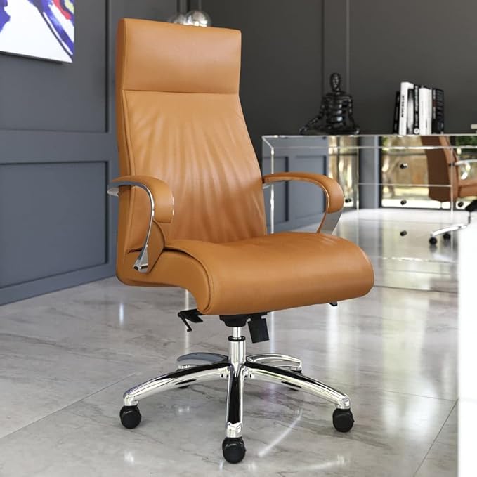 ZURI Forbes Genuine Leather Aluminum Base High Back Executive Chair - Tan-DeskLoop Office