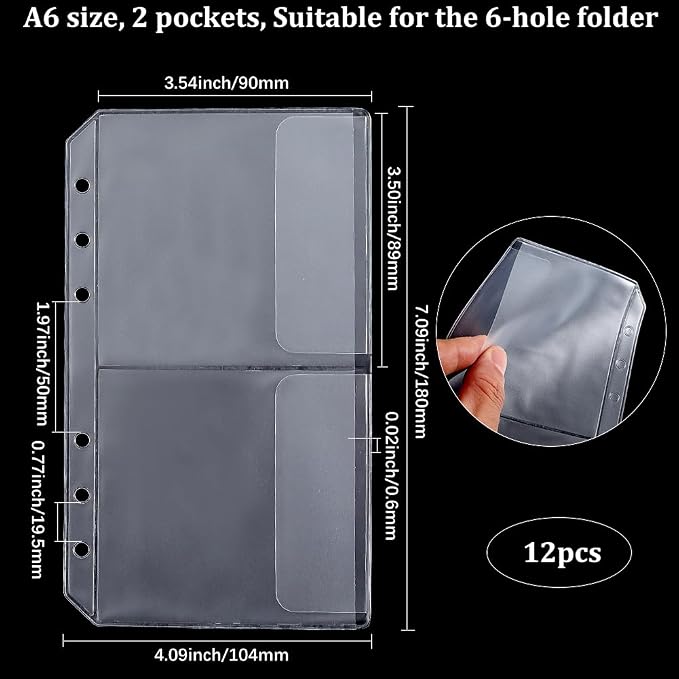 24 Pockets 12 Pack A6 Cash Binder Envelopes Clear Zipper Binder Pocket 6 Rings - Image 2
