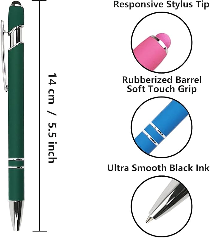 Ballpoint Pen with Stylus Tip, Soft Touch Click Metal Pen, 1.0mm Medium Point, Black Ink, 12 Count(Dark Green)-DeskLoop Office