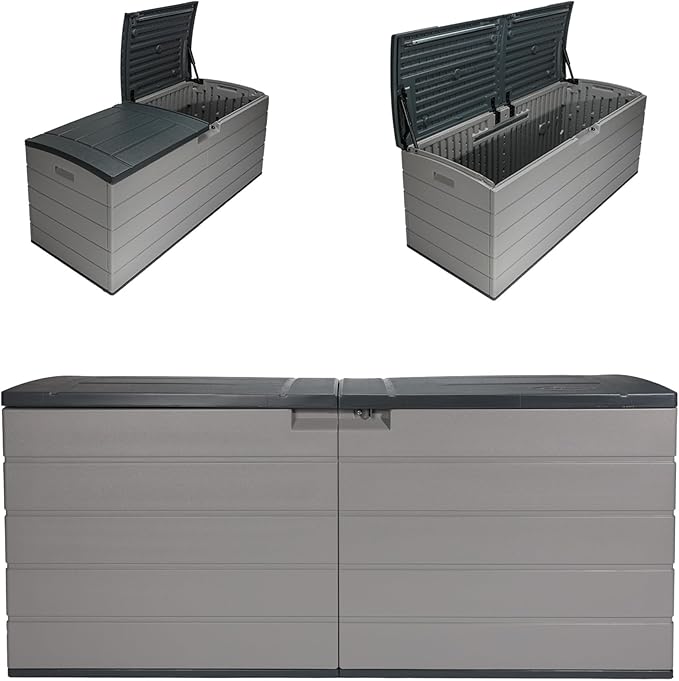 Suncast 120-Gal. All-Weather Patio Deck Box with Pad-Lockable Split Top Lid, Extra-Large Outdoor Storage Unit for Patio Furniture and Grill Tools, Made in the USA-DeskLoop Office