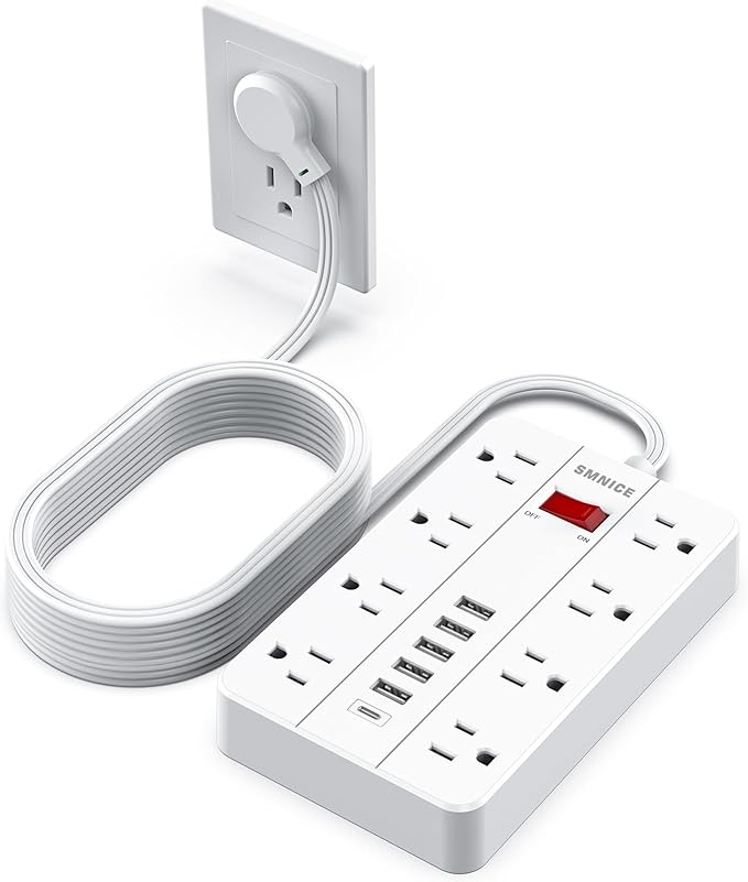Flat Plug Extension Cord 15 Ft, SMNICE Surge Protector Power Strip with 8 Widely Spaced Outlets and 6 USB(1USB C) Ports, Wall Mount Long Charging Station for Dorm Home, Office Accessories, White-DeskLoop Office