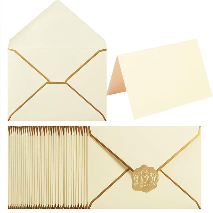 50 Pack A4 Gold Envelopes with Folded Cards, Cream Color, 4x6 | Gold Stickers by Homtable