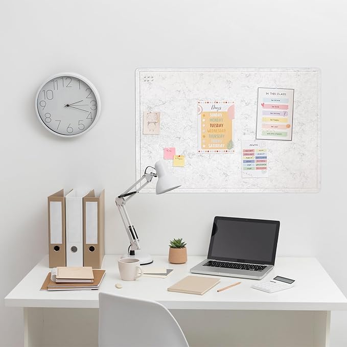 Bulletin Board, 36 x 24 inches Felt Board - Decorative Pin Board, Cork Board Alternative for Wall, 3' x 2' Foldable Picture Board Self-Adhesive Vision Board with 20 Pushpins - Marble White-DeskLoop Office