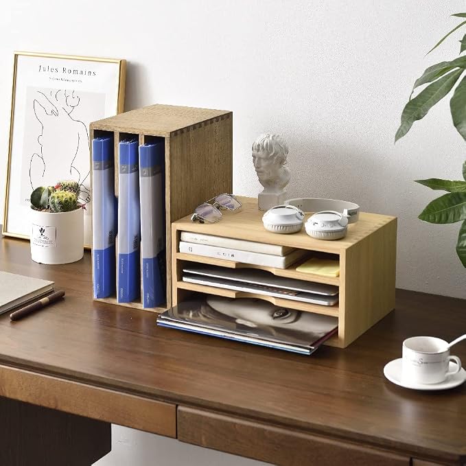 KIRIGEN Wooden Desktop Organizer, 3 Tier Solid Wood Letter Tray and Paper File - Image 9
