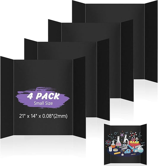 4 Pack Small Trifold Poster Board 21" x 14" Tri Fold Poster Boards Black Corrugated Cardboard Project Boards for Presentations, School Projects, Science Fair, Exhibition Event Display-DeskLoop Office