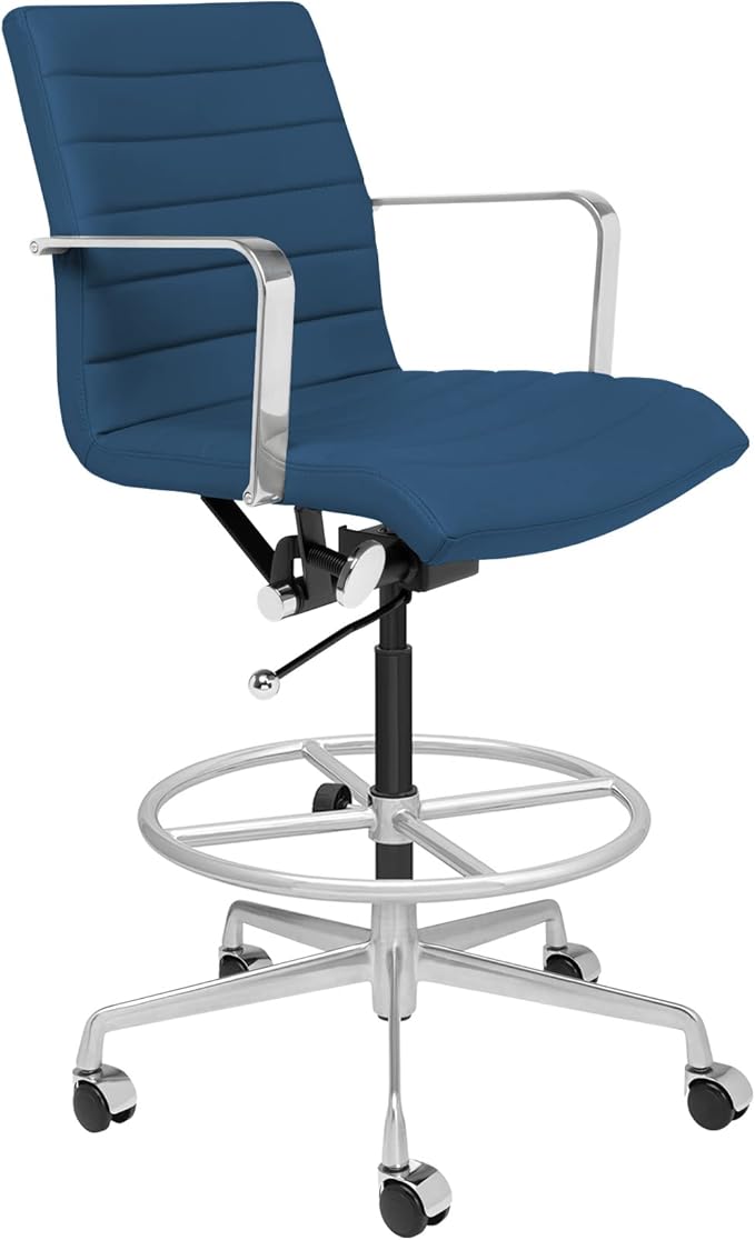 Laura Davidson Furniture SOHO II Ribbed Drafting Chair for Standing Desks, Standing Desk Chair - Ergonomically Designed, Commercial Grade Draft Height, Arm Rest & Cushion, Made of Faux Leather, Blue-DeskLoop Office
