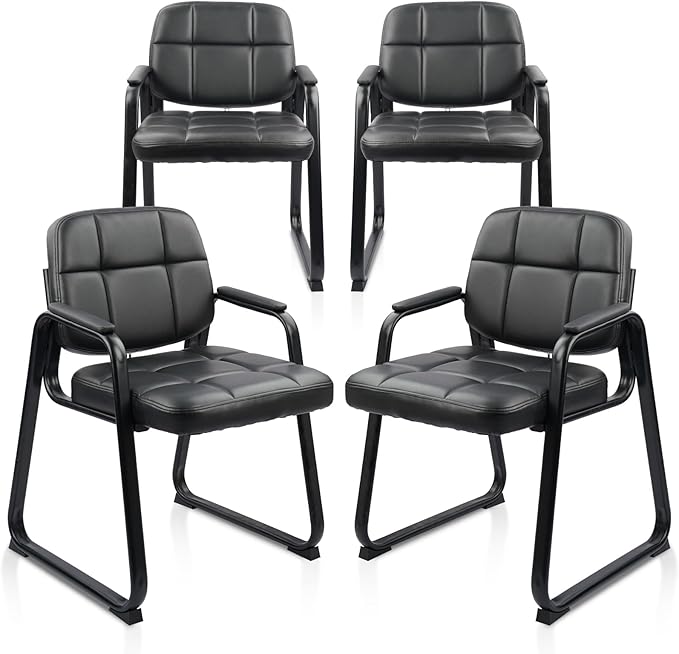 CLATINA Waiting Room Guest Chair with Bonded Leather Padded Arm Rest for Office Reception and Conference Desk Black with Sled Base 4 Pack-DeskLoop Office