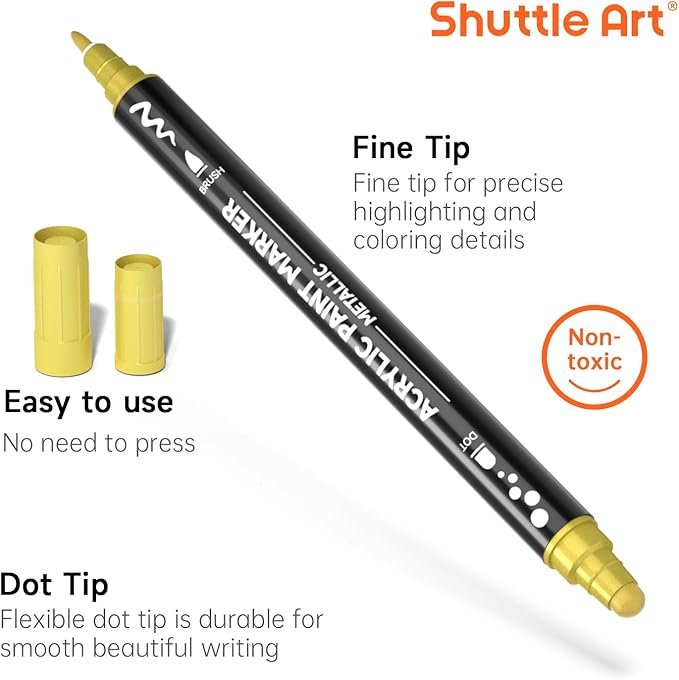 28 Metallic Colors Dual Tip Acrylic Paint Markers, Dot Tip and Fine Tip Acrylic Paint Pens for Rock Painting, Ceramic, Wood, Canvas, Plastic, Glass, Stone, Calligraphy, Card Making, DIY Crafts-DeskLoop Office
