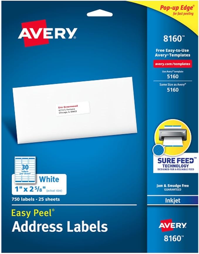 Avery Easy Peel Printable Address Labels, Sure Feed Technology, 750 Blank by Avery