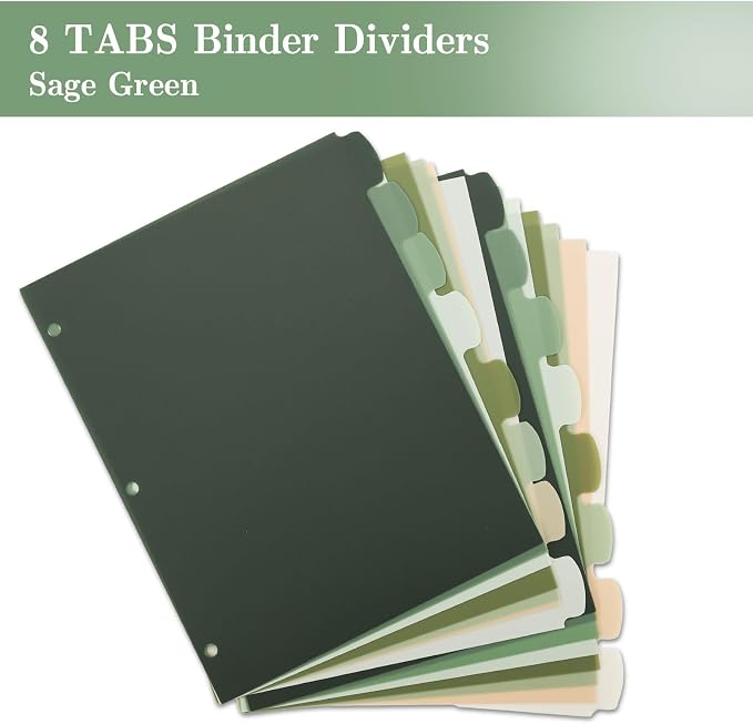 Whaline 16 Pcs/ 2 Set Sage Green 3 Ring Binder Dividers Colorful Index Dividers - Image 3