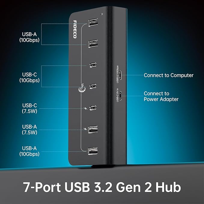 FIDECO Powered USB Hub, 7 Port USB 3.2 Gen 2, 10Gbps Fast Data Hub for iPhone 16/15 and Laptop, Aluminum USB Splitter with 5V 3A Power Adapter, 4 USB-A and 3 USB-C Ports, Support BC1.2 Charging-DeskLoop Office