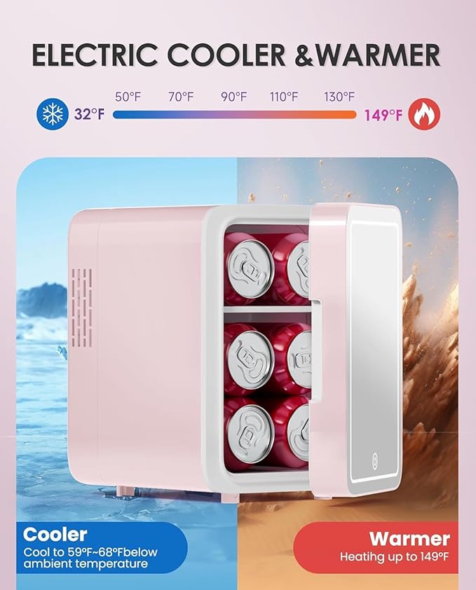 Skincare Fridge With Dimmable LED Light Mirror, 4L Makeup Mini Fridge for Bedroom, Car, Office & Dorm, Cooler & Warmer, Portable Small Refrigerator for Cosmetics, Skin Care and Food, Pink-DeskLoop Office