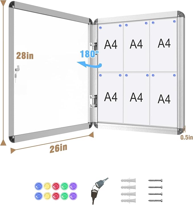 28"x26" Enclosed Bulletin Board, Lockable Weather-Resistant Aluminum Noticeboard for School & Office, Silver Frame w/Magentic Whiteboard-DeskLoop Office