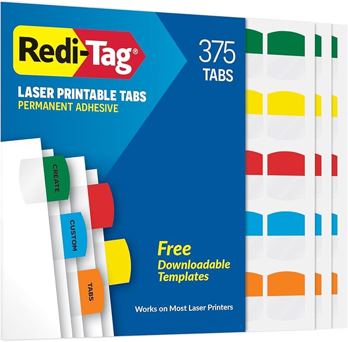 Redi-Tag Laser Printable Tabs, Permanent Index Tabs, Customizable Adhesive by Redi-Tag