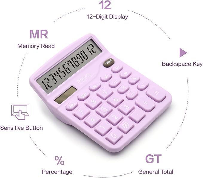 2PC Basic Office Desktop Calculator - 12 Digit Purple LCD Display, Sensitive Buttons, School & Office Supplies-DeskLoop Office