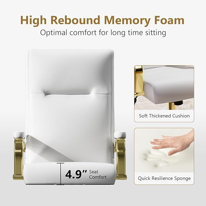 White and Gold Office Chair Memory Foam, White Leather Computer Desk Chairs with Wheels and Arms, High Back Executive Office Chair for Girl and Women-DeskLoop Office