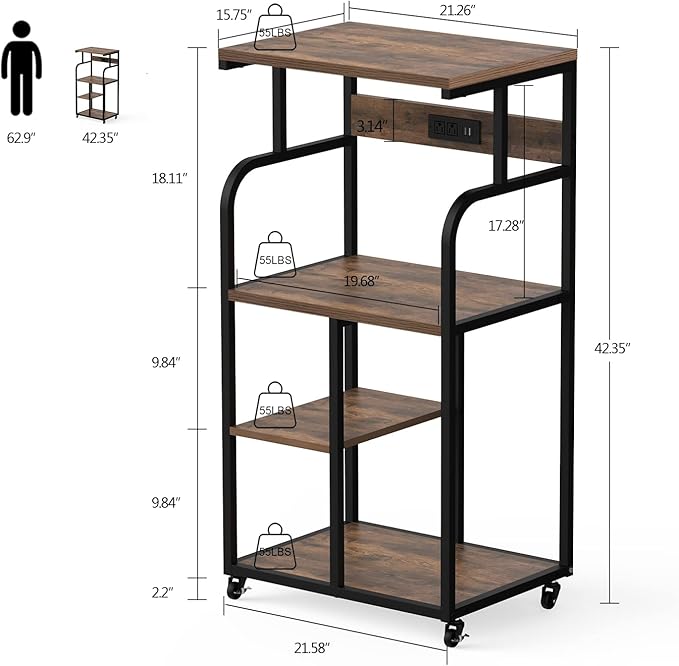 VEDECASA Large Printer Stand Cart with Charging Station USB Port 21.2"x15.7"x42.3" Tall 3-Tier Adjustable Shelf Storage Home Office Rolling Stand with Wheels-DeskLoop Office