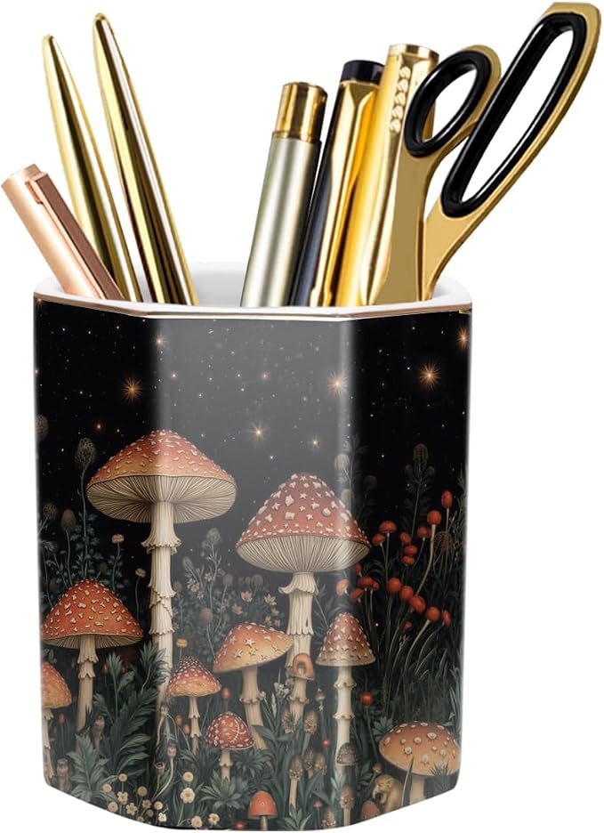 Ceramic Mushroom Pen Holder for Desk Cute Stand Gold Pencil Cup Pot Desk by WAVEYU