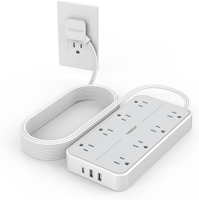 Flat Plug 15 FT Extension Cord, TESSAN Surge Protector Power Strip with 8 AC and 3 USB(1USB-C) Ports, 1080J Protection, Wall Mount Widely Spaced Charging Station for Home, Office, School, Dorm Room-DeskLoop Office