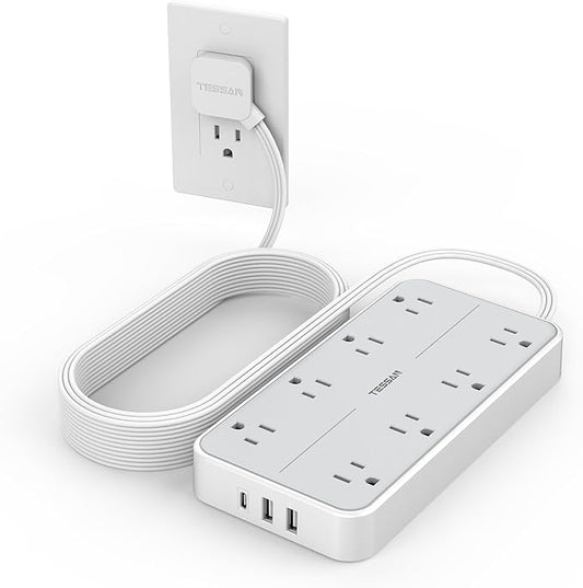 Flat Plug 15 FT Extension Cord, TESSAN Surge Protector Power Strip with 8 AC and 3 USB(1USB-C) Ports, 1080J Protection, Wall Mount Widely Spaced Charging Station for Home, Office, School, Dorm Room-DeskLoop Office