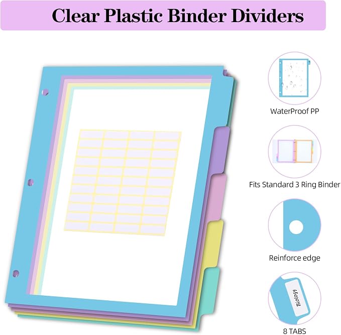 XUCHUN Binder Dividers, 5 Tab Dividers Clear Plastic Subject dividers - Image 6