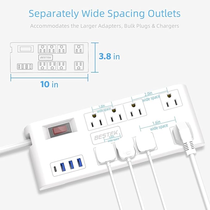BESTEK 8 AC Outlet, 5 Feet Extension Cord Power Strip with 3 USB-A 2.4A 1USB-C 3A, MAX Output 1625W 13A, 600Joule, Ultra-Compact Wide Spaced Outlet for Large Plug-DeskLoop Office