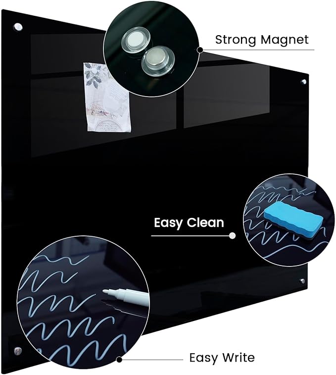 Glass Magnetic Black Board - 48 x36 Inches Frameless Dry Erase Blackboard for Wall, Wall Mounted Glass Board, Writing Board for Office, Meetings and Schools-DeskLoop Office